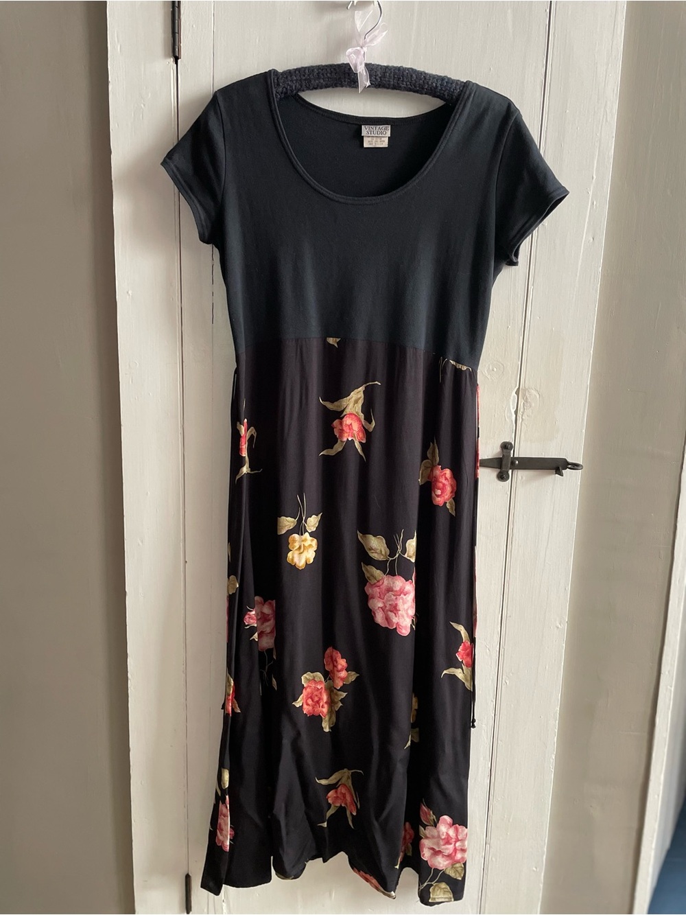 Vintage Studio 90's Mixed Media Black Floral Midi Dress Cotton Top Rayon Skirt